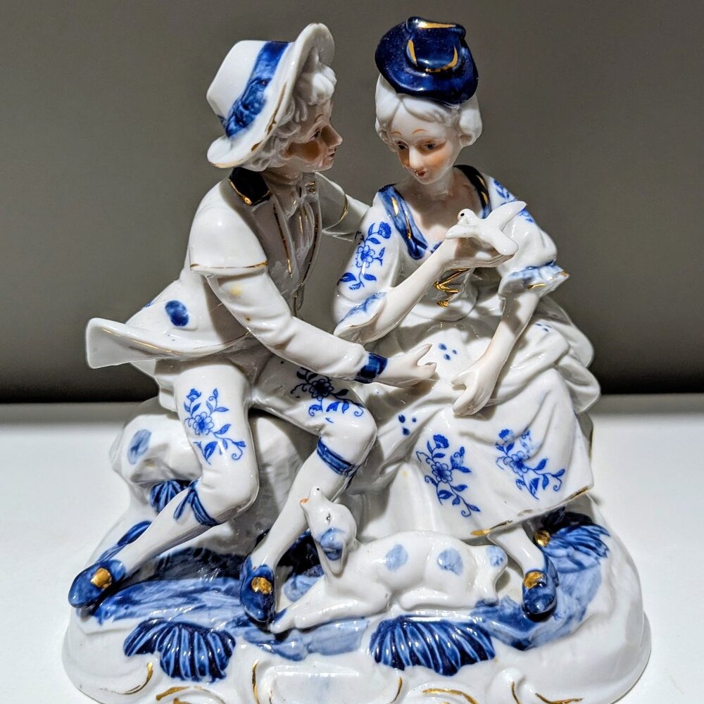 Vintage Porcelain Figurine Couple – Crown N Mark – Blue & White, Gold Trim, 18cm